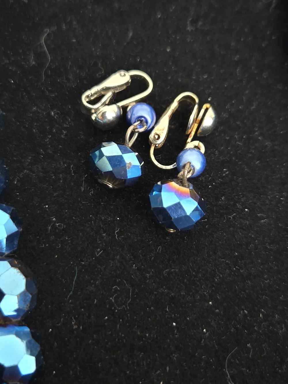 Blue Faceted Mid Century  AB Crystal Necklace and Clip-On Earrings Set